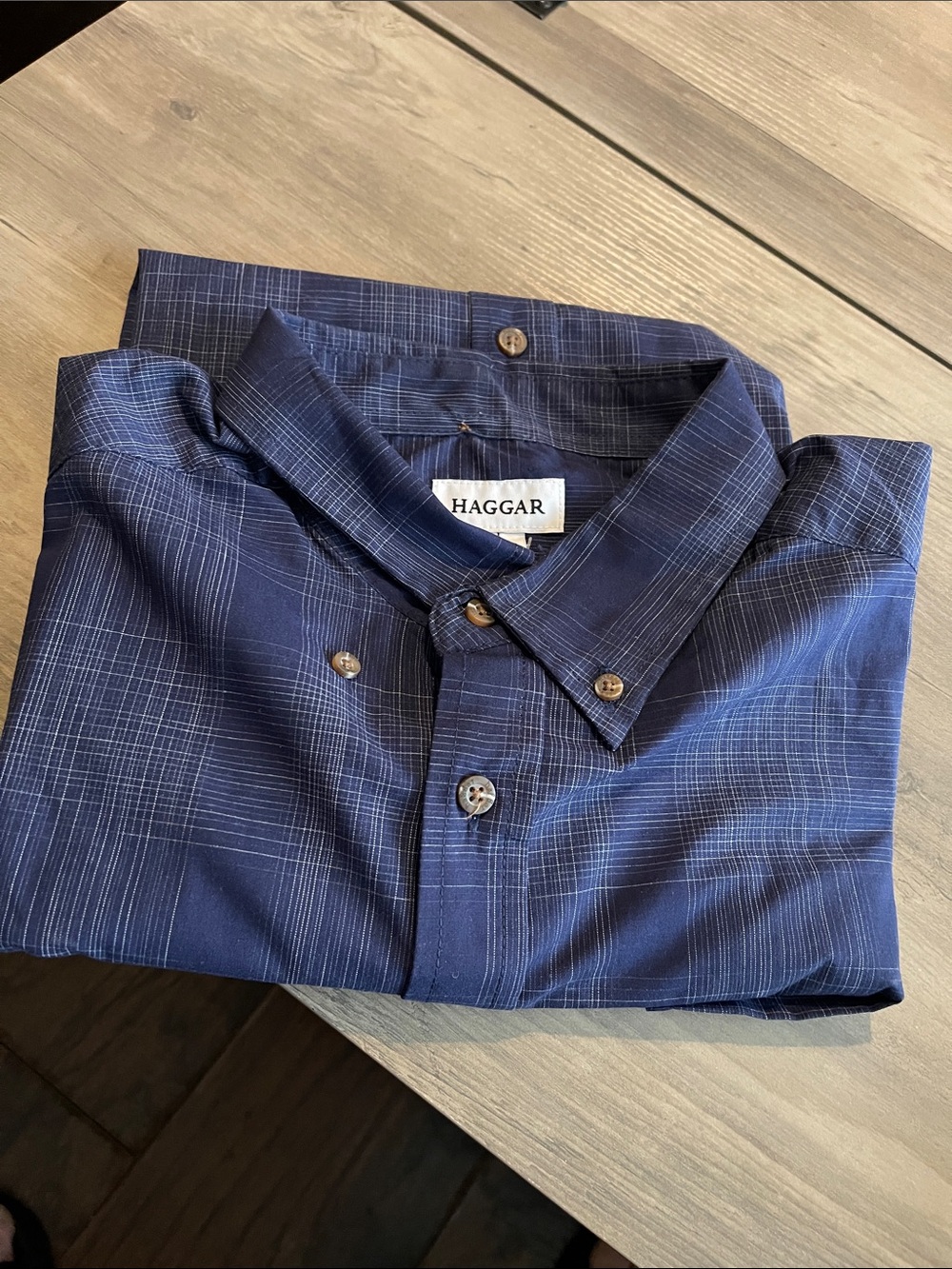 #A011 Haggar Men's Dark Blue Plaid Button-Down Shirt